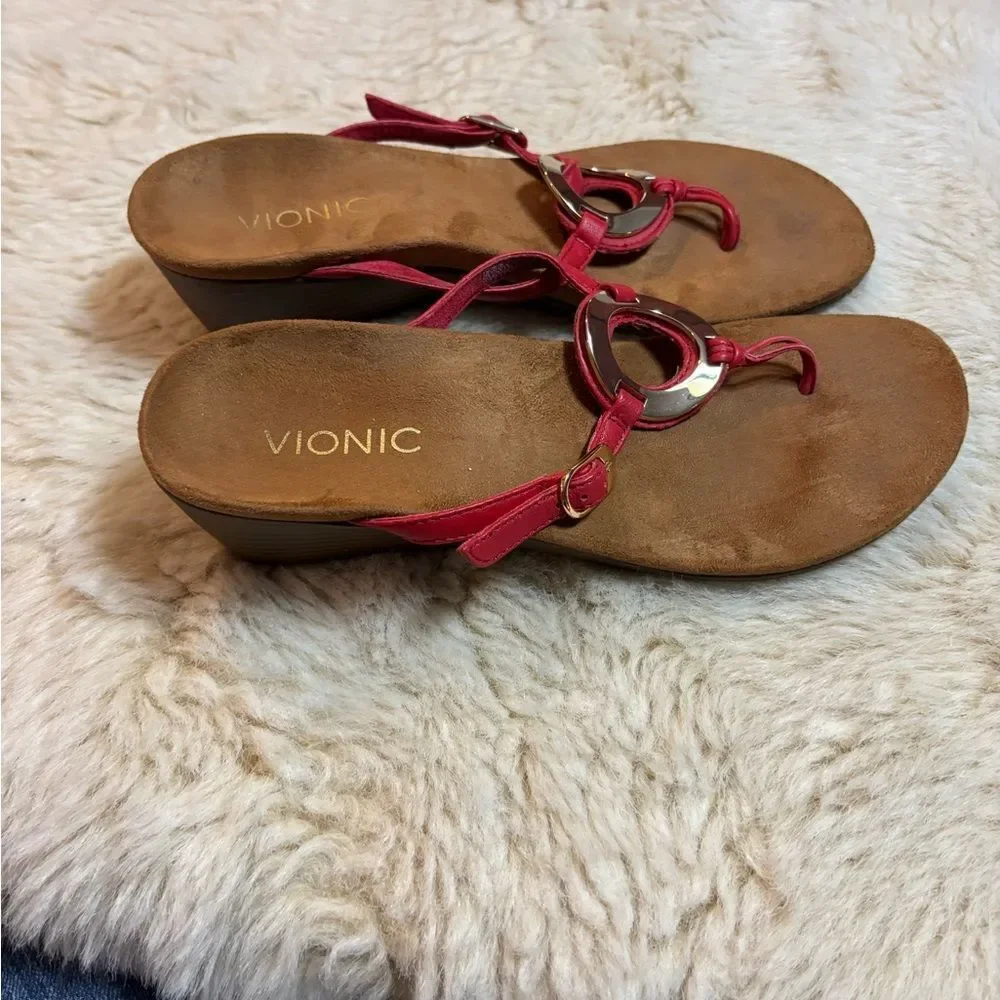 Vionic Red Tan Wedge Sandals with Metallic Accent - Picture 7 of 9